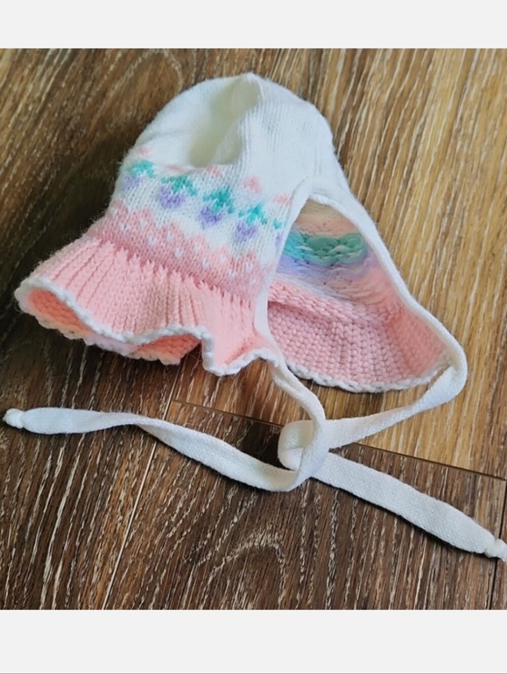 Baby or Doll Knitted Beanie Bonnet Purple Flowers Pink Green White